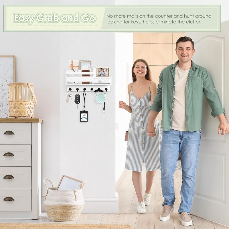 VIS'V Key Holder Wall Mount, Wooden Mail and Key Organizer with Drawer and Shelf, 2 Slots, 6 Hooks, White - Image 5
